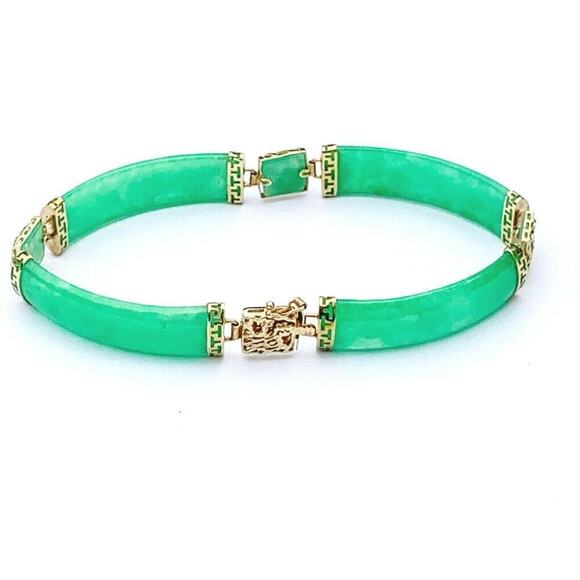 Authentic 14K Yellow Gold Imperial Green Jadeite Jade Link Bracelet 7 " Long - Picture 1 of 10